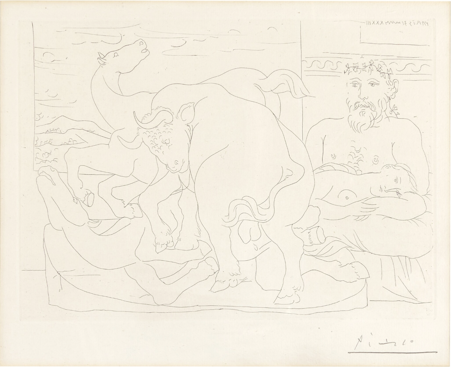 A minimalist line etching by Pablo Picasso. The composition features a bearded male figure with a laurel crown reclining and cradling a nude female figure in his lap. In front of them, a chaotic sculptural scene unfolds, depicting a bull ramming into a rearing horse, while another horse collapses beneath them. The sketchy, fluid lines contrast the tranquility of the resting figures with the violent movement of the sculpture, creating a layered tension between peace and turmoil.